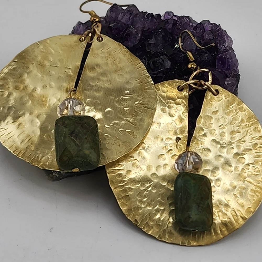 BRASS & AGATE CIRCLE EARRING MAXIMILIST DESIGN HANDMADE STATEMENT JEWELRY